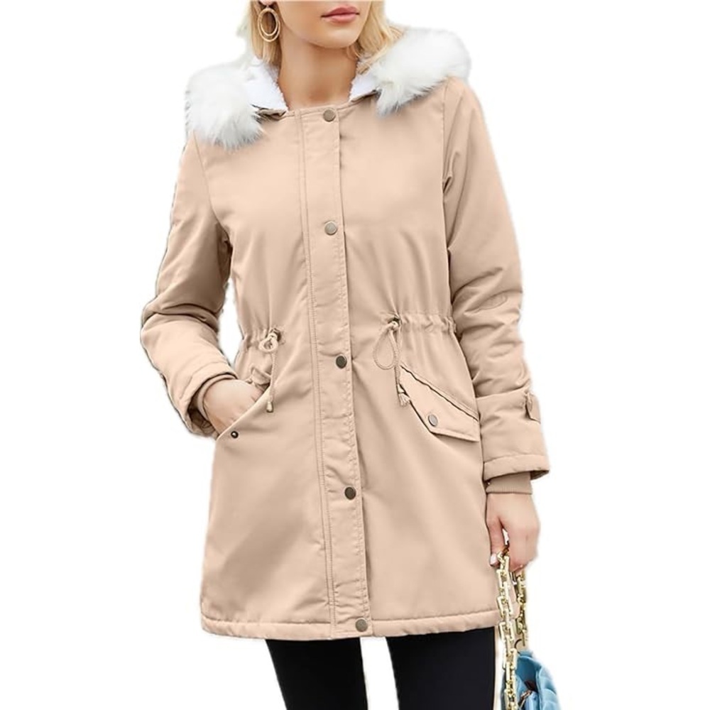 Amazon Women's Tan Utility Jacket with White Faux Fur - never worn